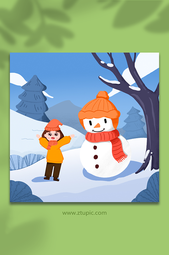 手绘大学节气女孩在雪地堆雪人插画