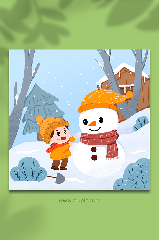 大雪节气男孩在漫天飘雪下和雪人互动插画