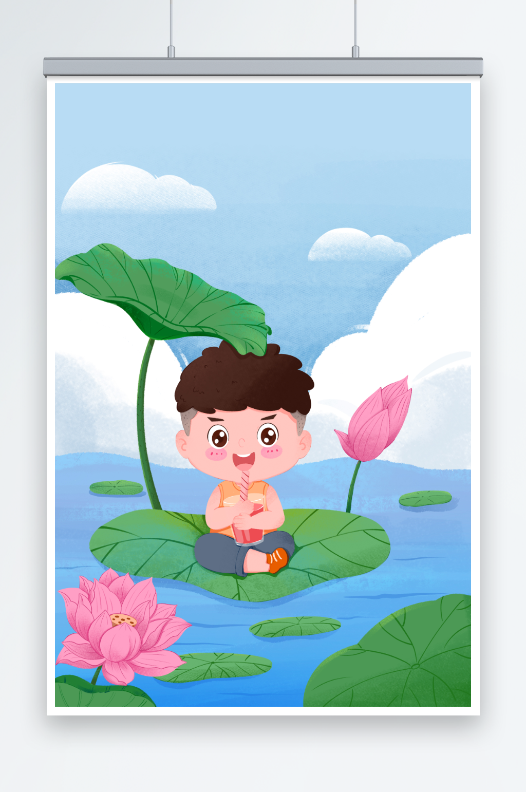男孩立夏节气在荷塘里喝西瓜汁人物插画素材