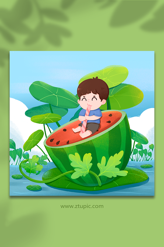 手绘立夏节气男孩在池塘吃西瓜人物插画
