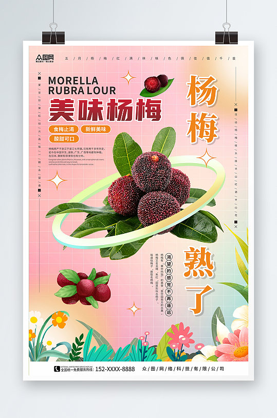 粉红色时尚新鲜杨梅夏季水果果园促销海报