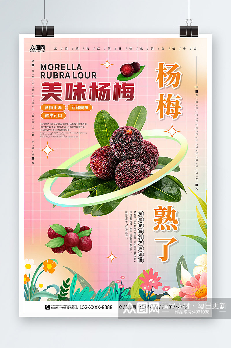 粉红色时尚新鲜杨梅夏季水果果园促销海报素材