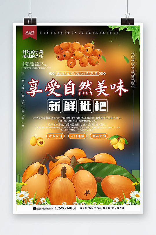 自然美味新鲜枇杷夏季水果果园促销海报