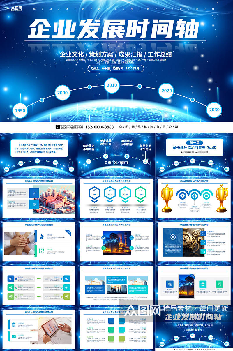 蓝色科技企业发展历程时间轴企业PPT素材