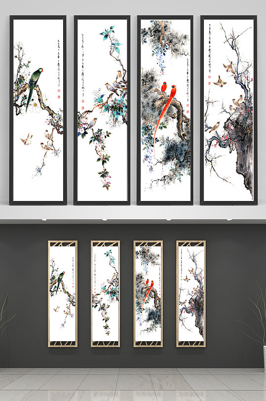 鸟语花香中式四联画玄关-众图网