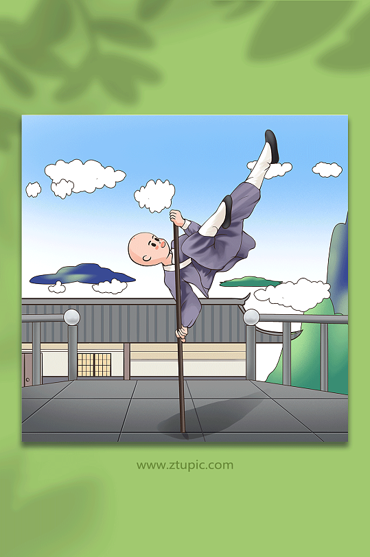 可爱卡通少林小和尚武术人物插画-众图网