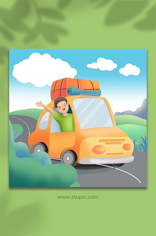 卡通男孩开车旅游旅行人物国庆节出游插画