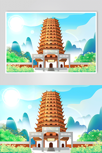 杭州古风建筑城市标志六和塔地标插画