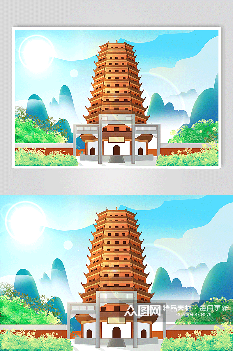 杭州古风建筑城市标志六和塔地标插画素材