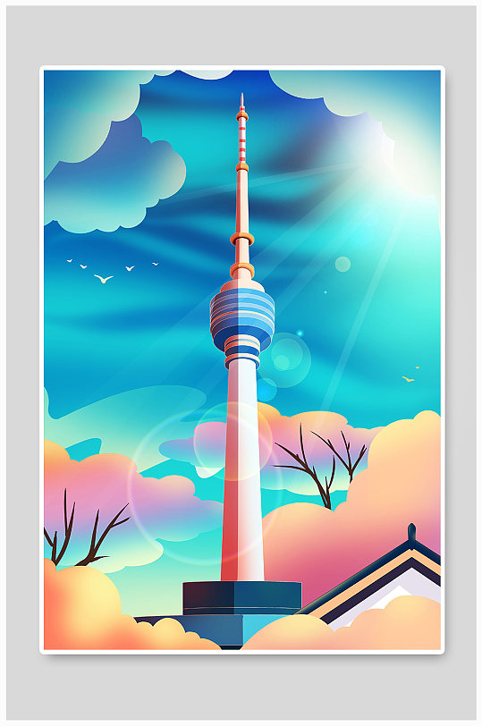 龟山电视塔武汉城市地标建筑插画-众图网