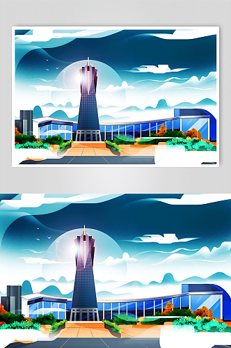 国风地标西湖文化广场杭州城市建筑插画