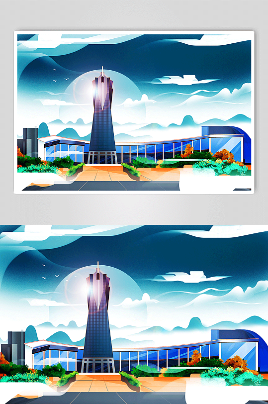 国风地标西湖文化广场杭州城市建筑插画