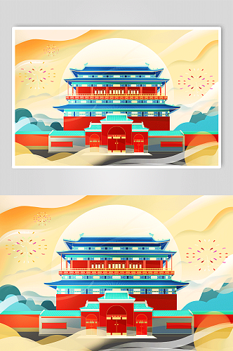 国潮喜庆鼓楼地标北京城市建筑插画