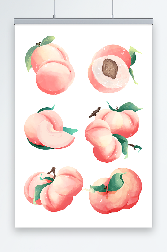 水彩水果水蜜桃粉色插画元素