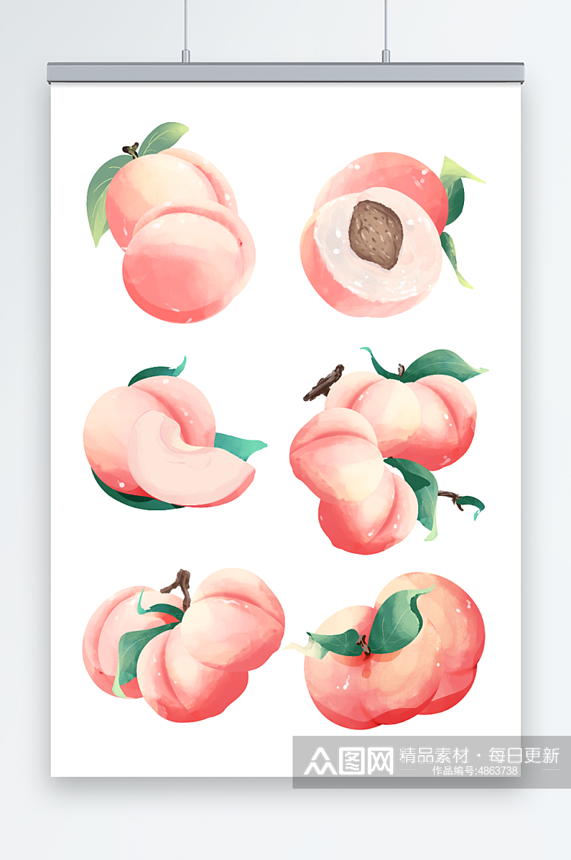 水彩水果水蜜桃粉色插画元素素材