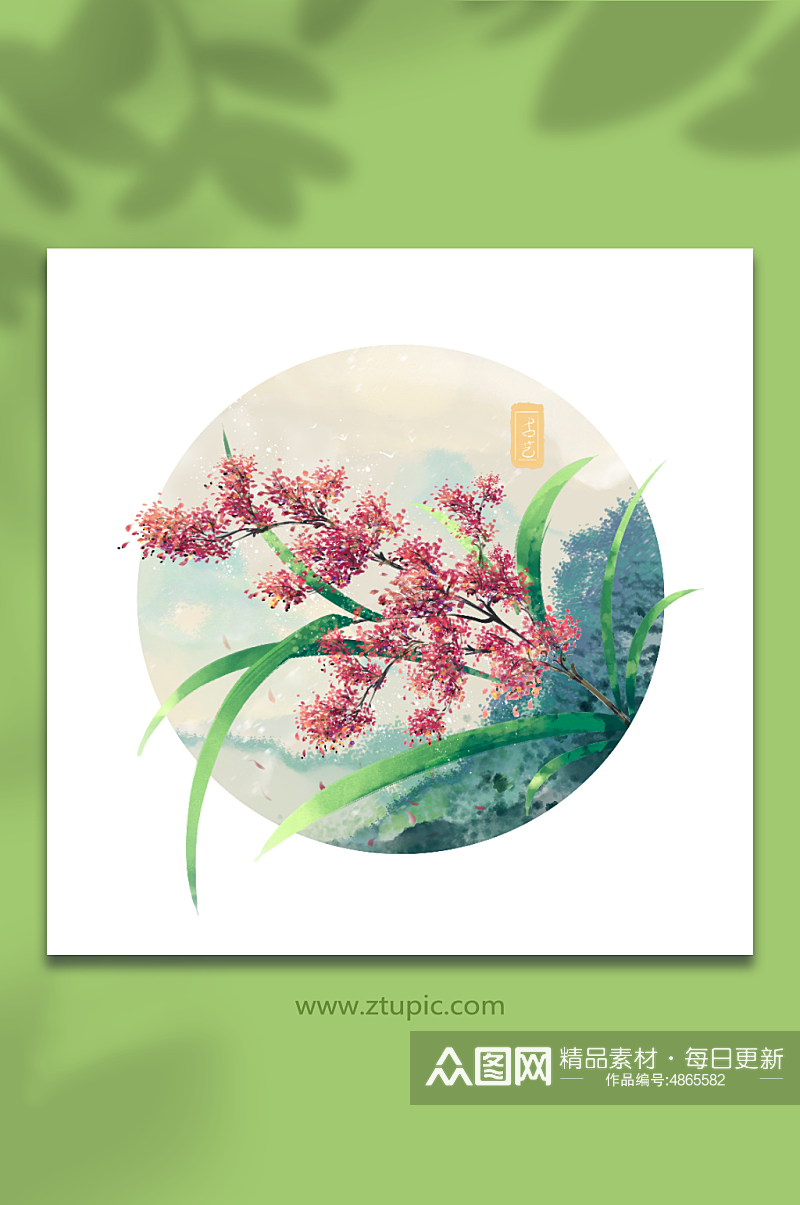中国水彩水墨古风红蓼花卉插画元素素材
