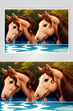 两匹马喝水的3D卡通插图