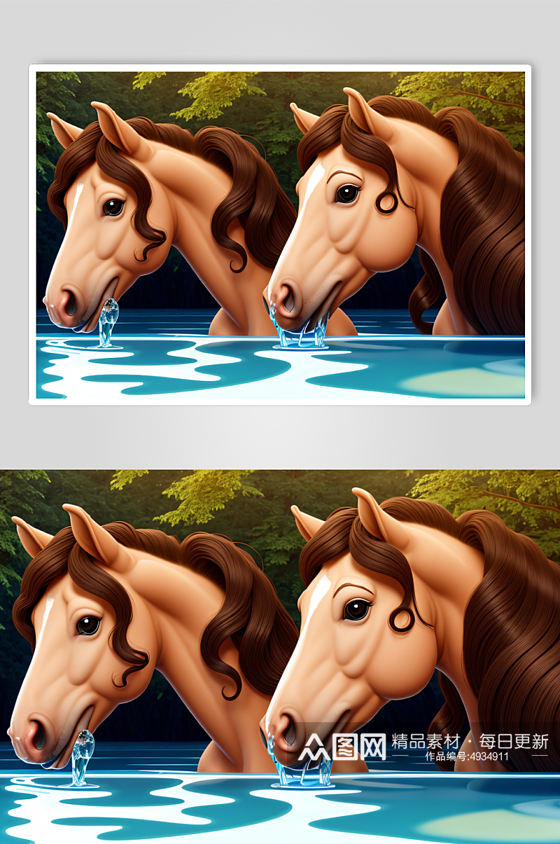 两匹马喝水的3D卡通插图素材