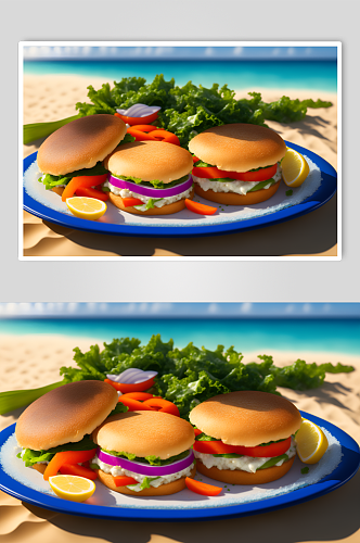 沙滩边的汉堡包摄影图