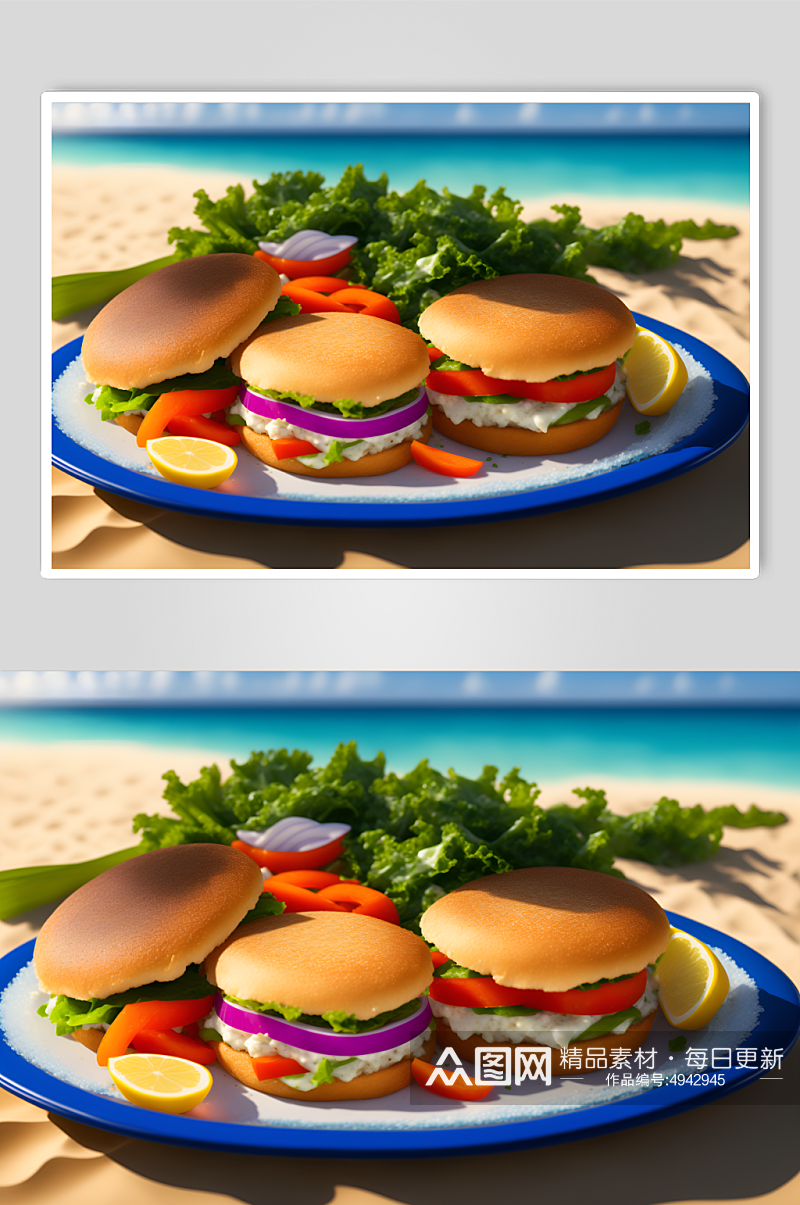 沙滩边的汉堡包摄影图素材
