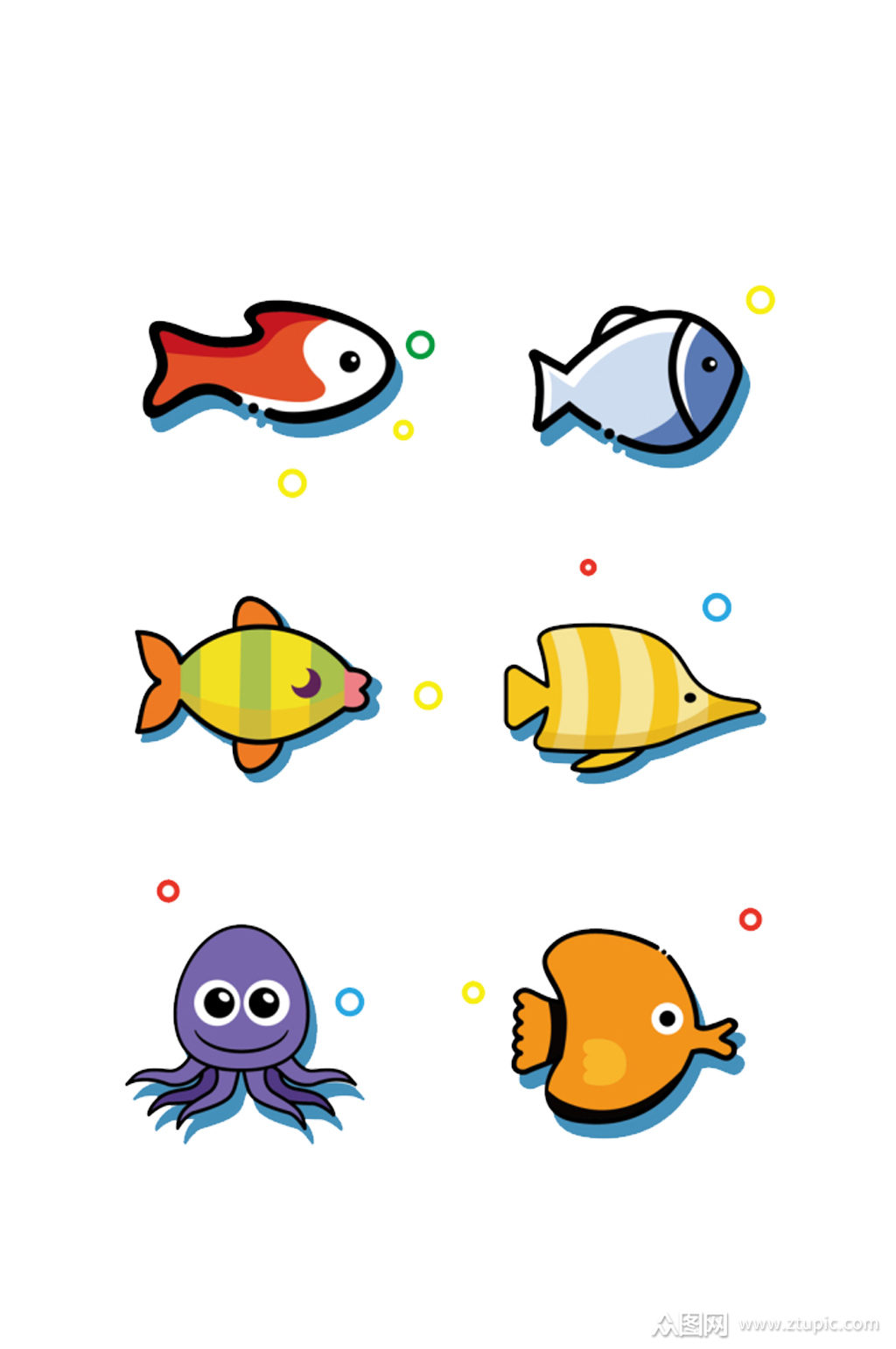 海洋插图中的一组鱼