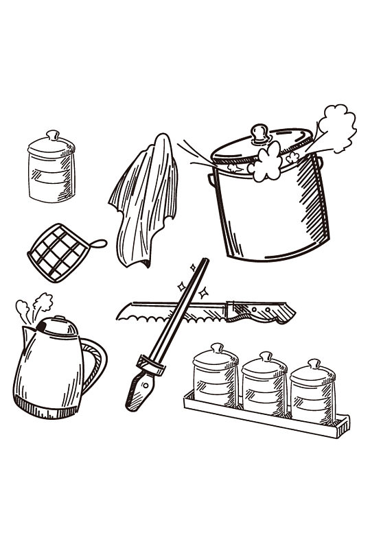 手绘线稿厨房厨具系列元素