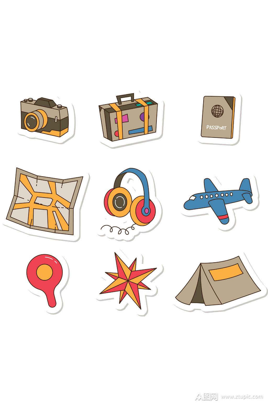 手绘免抠卡通飞机行李箱元素素材