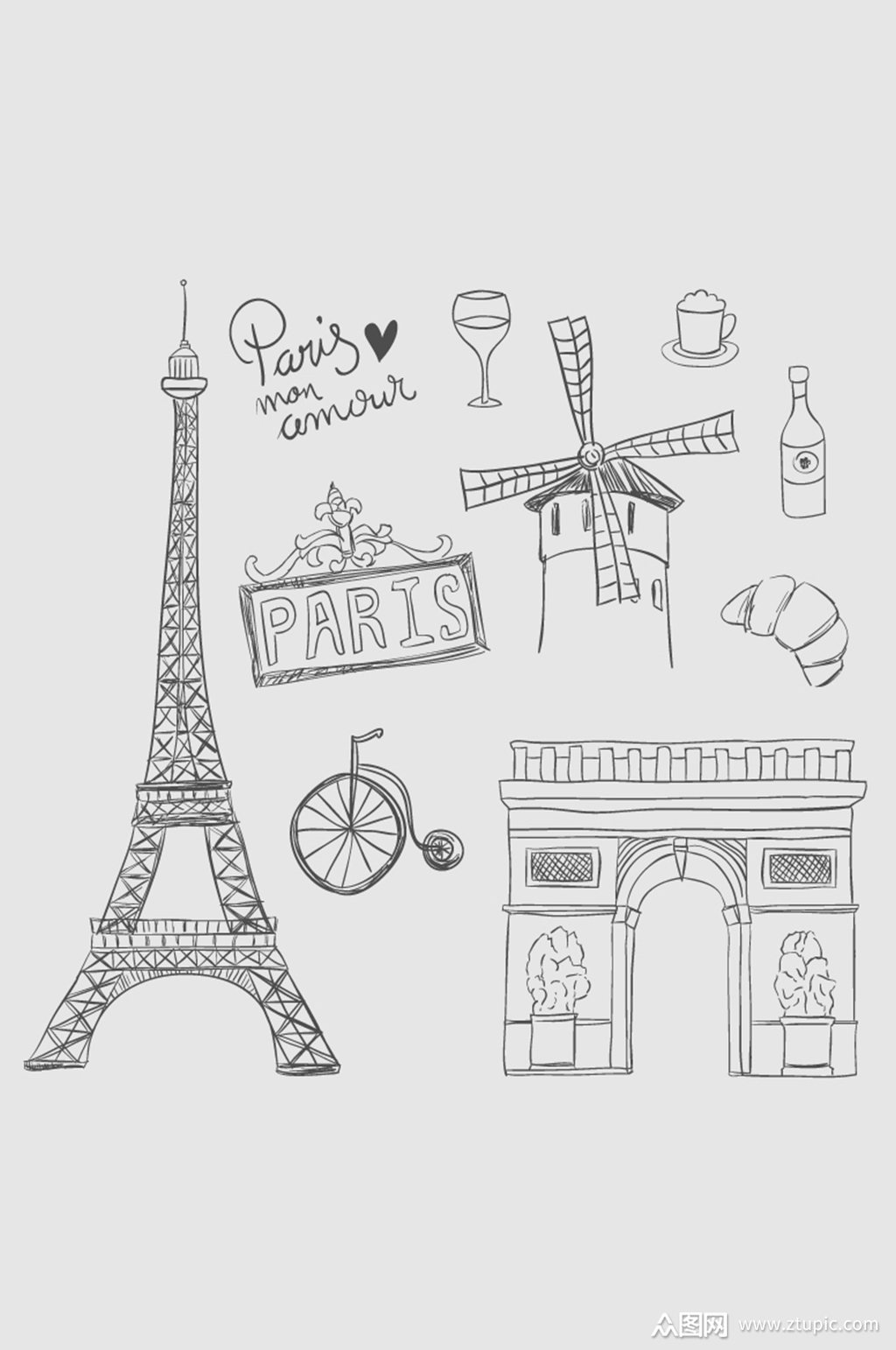 手绘巴黎元素矢量素材