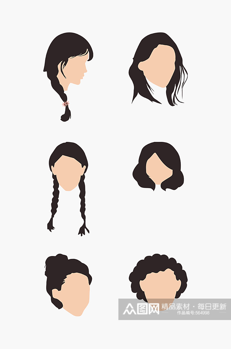 矢量手绘女性时尚发型不同发型素材