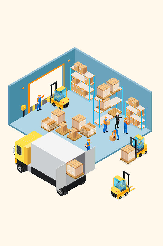 蓝色清新汽车仓库工人物流运输元素 五一劳动节素材元素