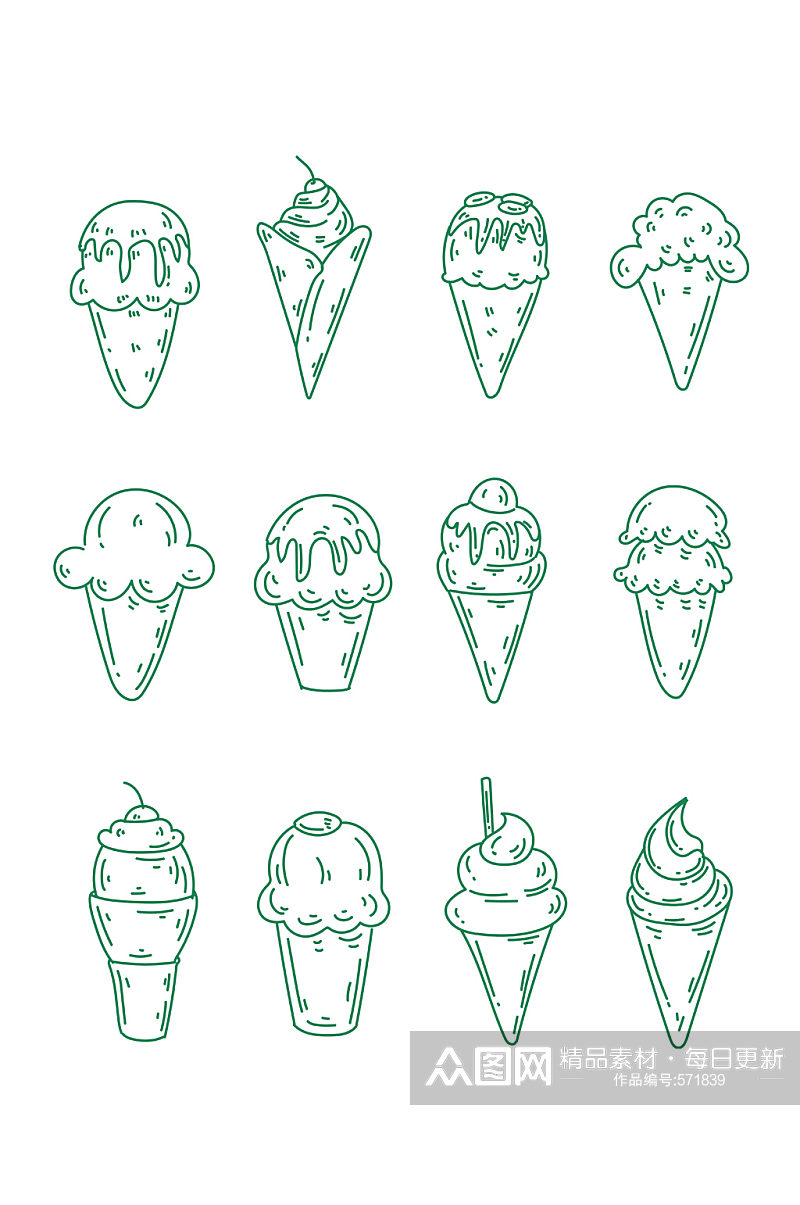 手绘夏季线描冰淇淋素材