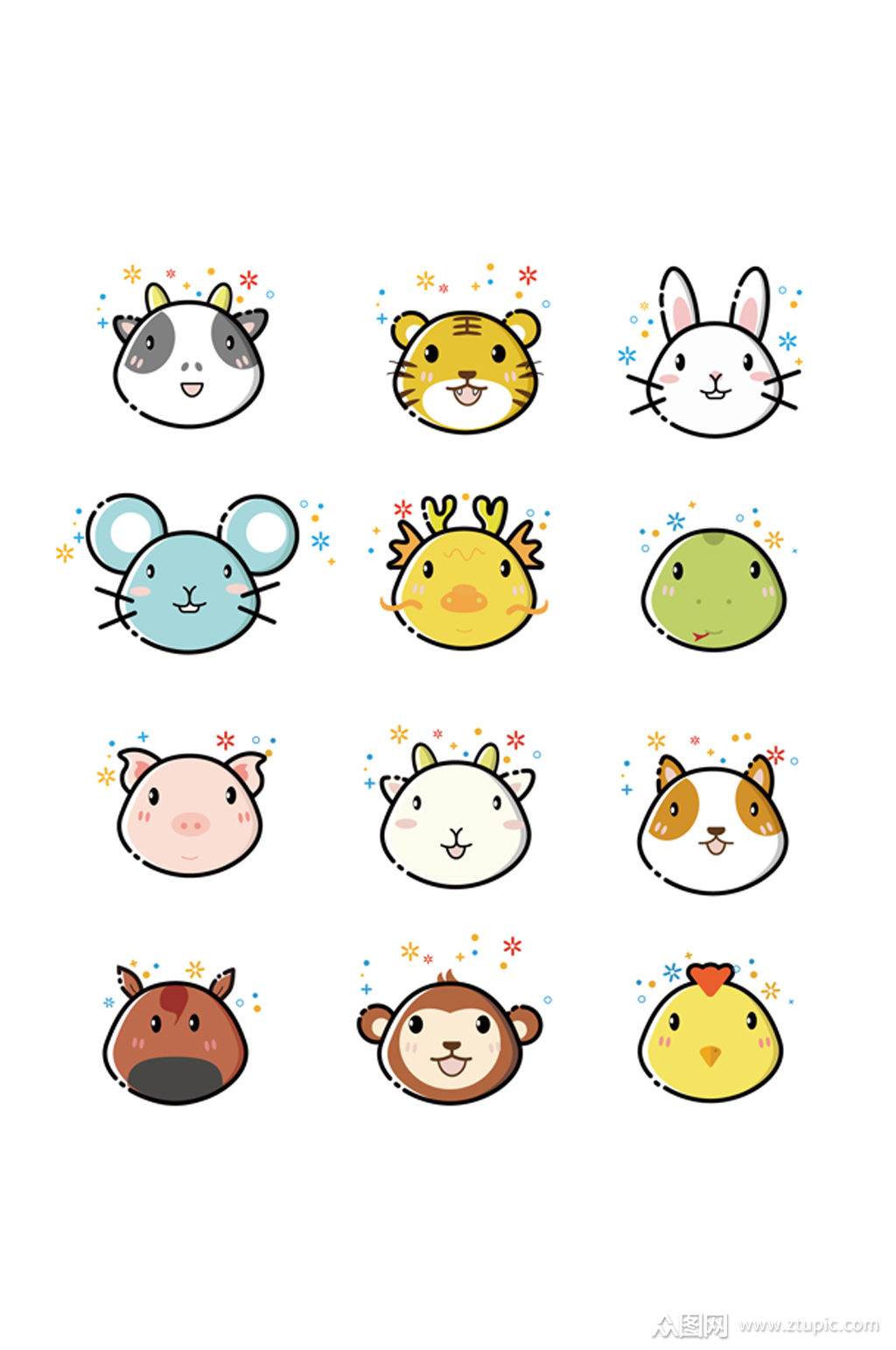 12生肖猴虎鸡卡通手绘元素