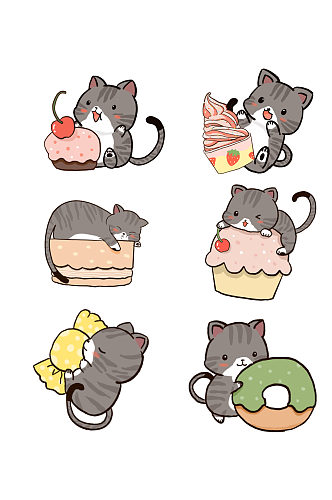 手绘卡通可爱猫咪吃甜点