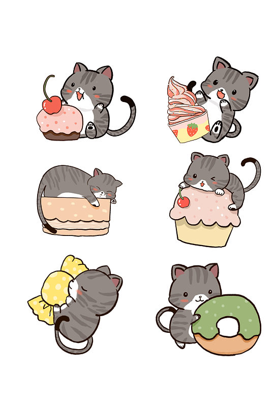 手绘卡通可爱猫咪吃甜点
