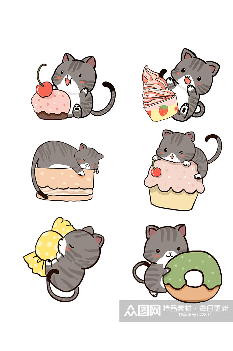 手绘卡通可爱猫咪吃甜点素材