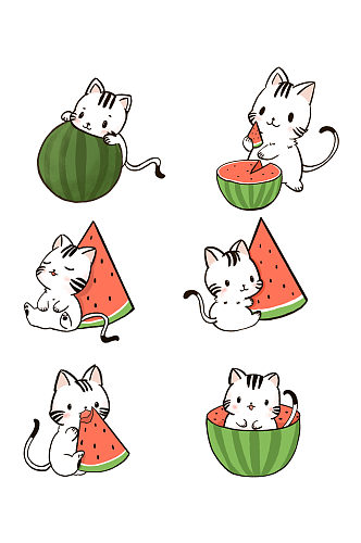 手绘卡通可爱猫咪吃西瓜