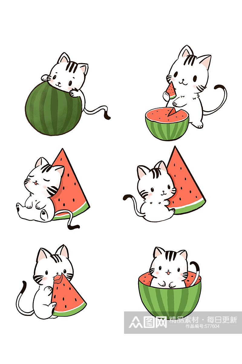 手绘卡通可爱猫咪吃西瓜素材
