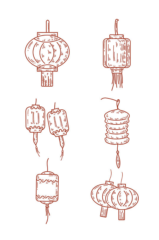 手绘线稿灯笼装饰元素灯笼矢量图
