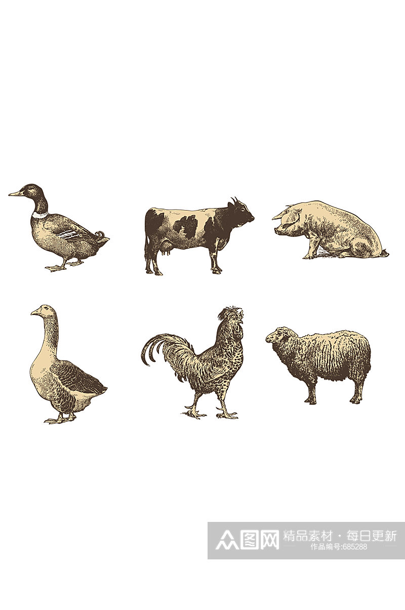 手绘动物鸡牛鸭子设计元素素材