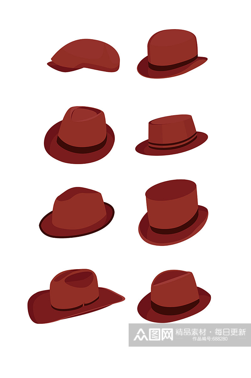各种红褐色复古风格帽子图标元素素材