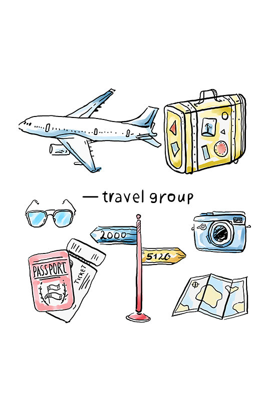 手绘卡通出行旅游行李箱飞机相机元素