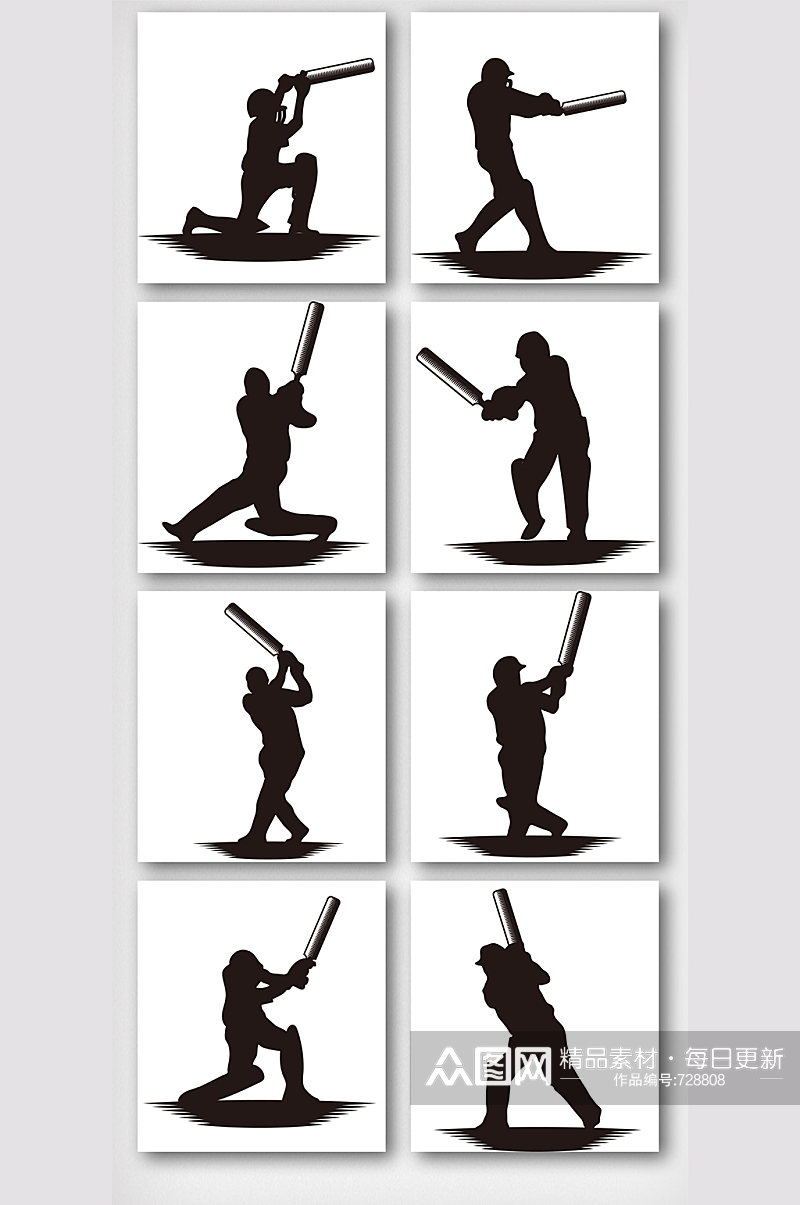 黑白剪影棒球运动员图案元素素材
