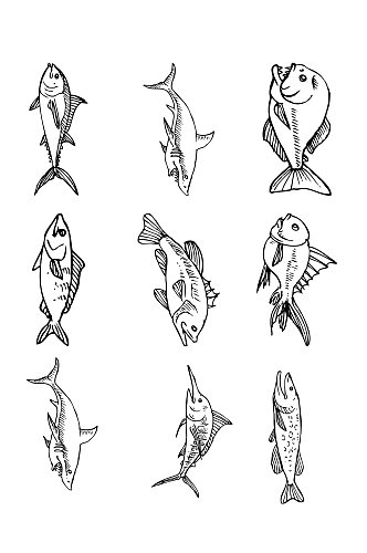 卡通线描鱼设计元素