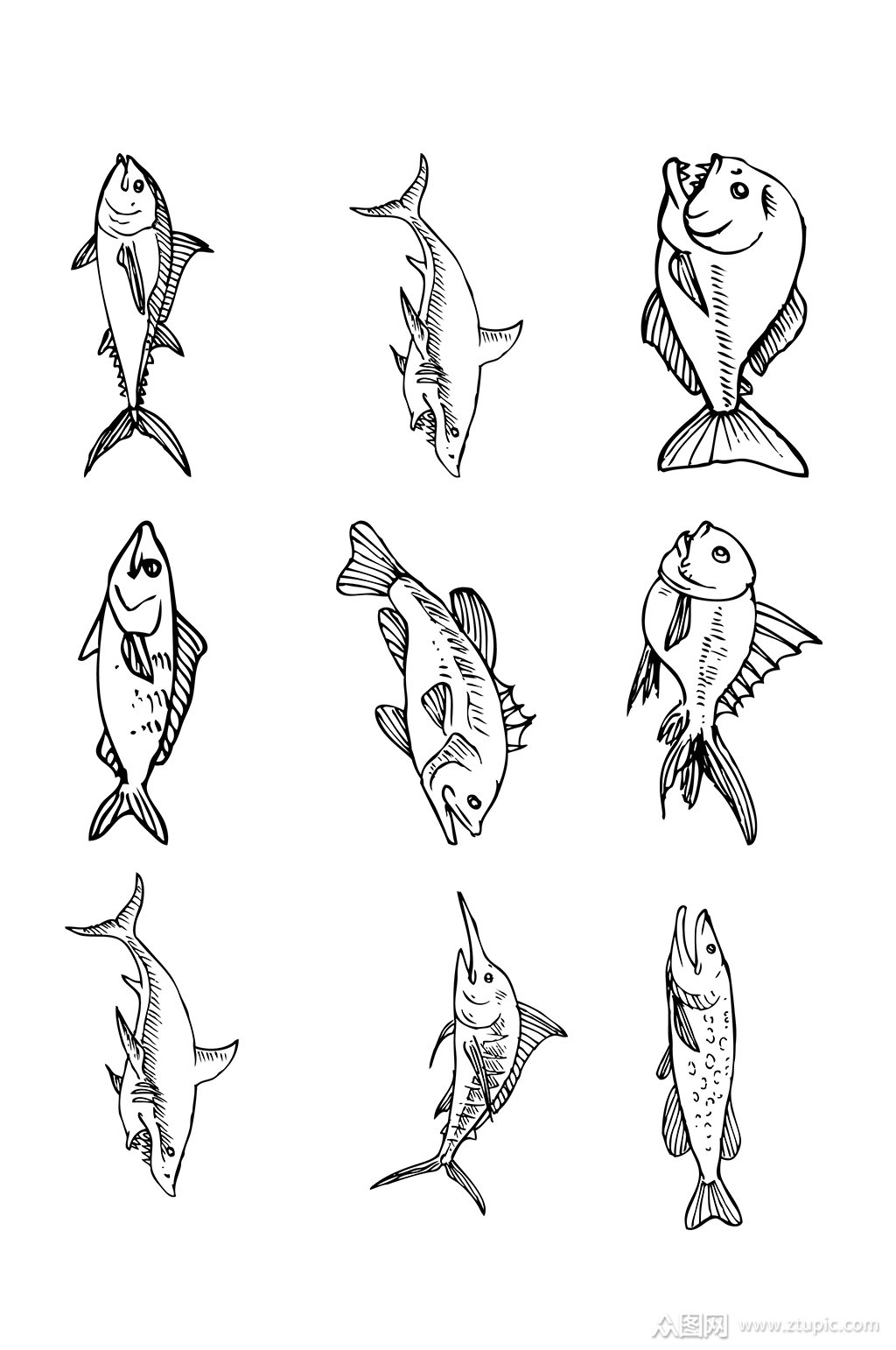 卡通线描鱼设计元素