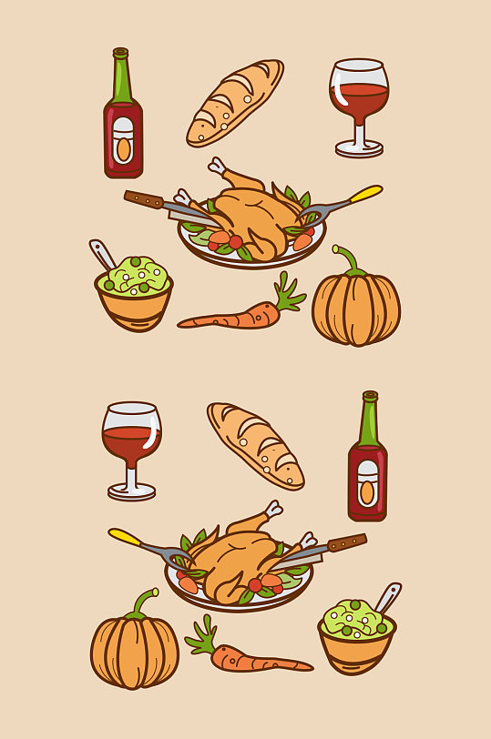 一套手绘感恩节晚餐元素矢量