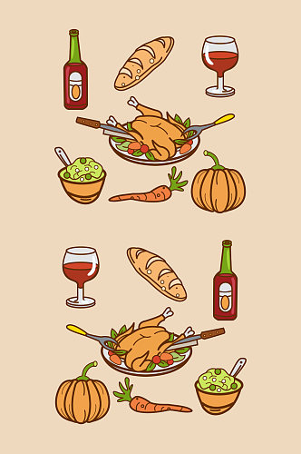 一套手绘感恩节晚餐元素矢量