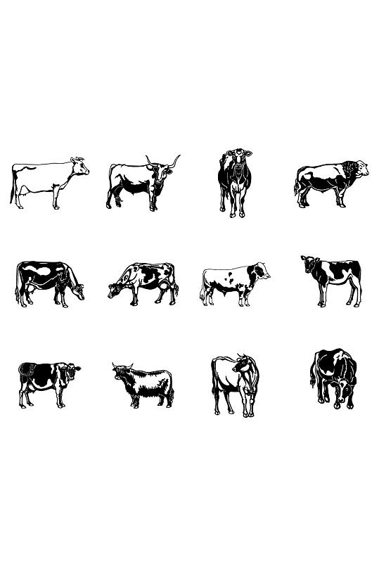 黑色动物牛剪影设计元素