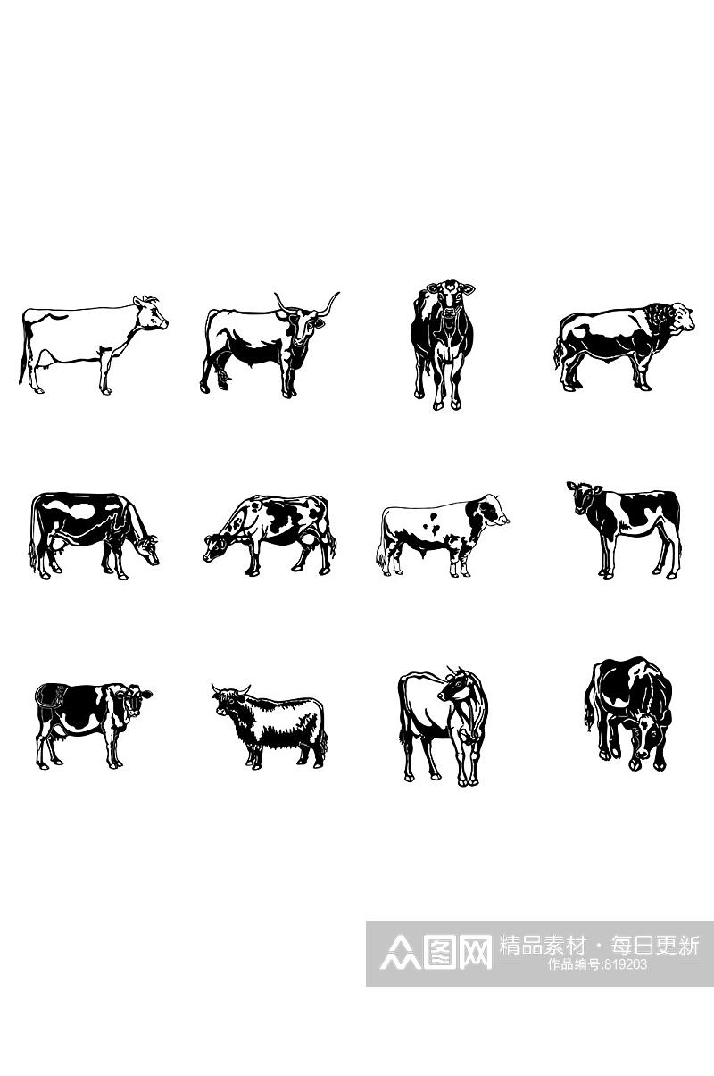 黑色动物牛剪影设计元素素材