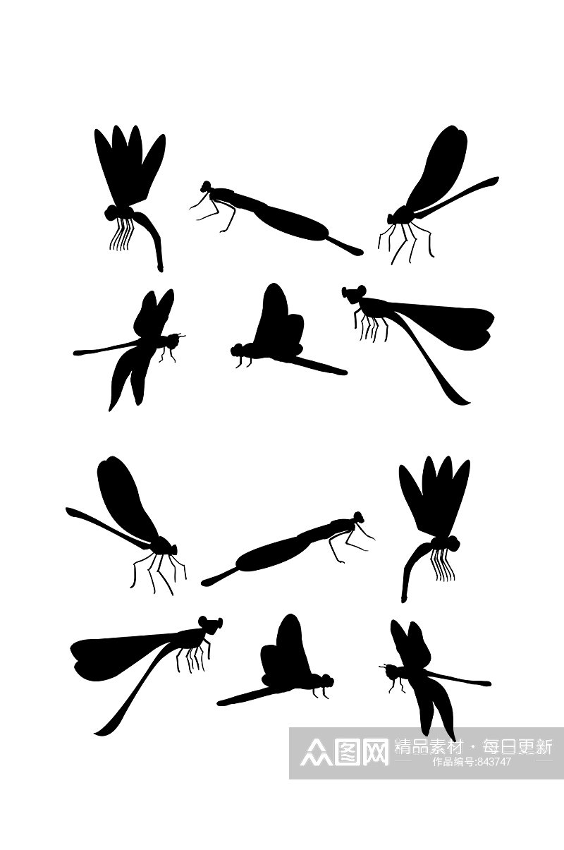 蜻蜓剪影黑白元素素材
