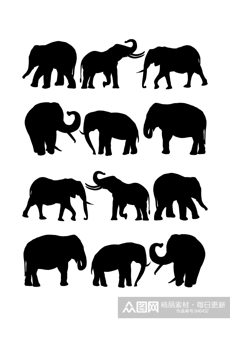 大象剪影黑白元素素材